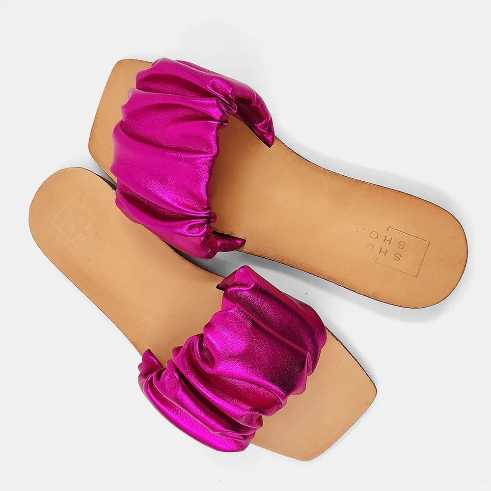 SHUSHOP Ruched BELINDA Metallic VeganLeather Sandals NIB